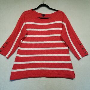 Talbots PL Petite Sweater Red/Orange White Stripe 3/4 Sleeve Cotton Lightweight